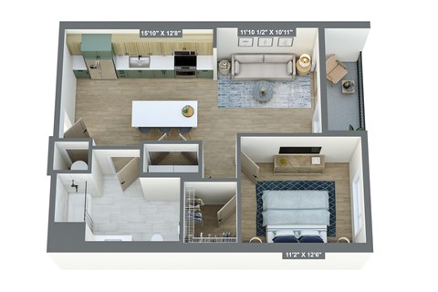 a 3d floor plan of a studio apartment with a bedroom and living room